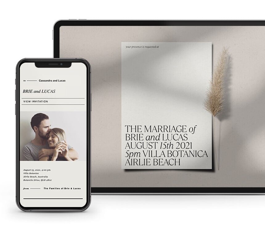 An iPad and phone screen showing a couple's cream-colored online wedding invitation