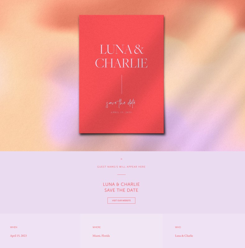 A pink, orange and yellow electronic Save the Date for a couple named Luna and Charlie