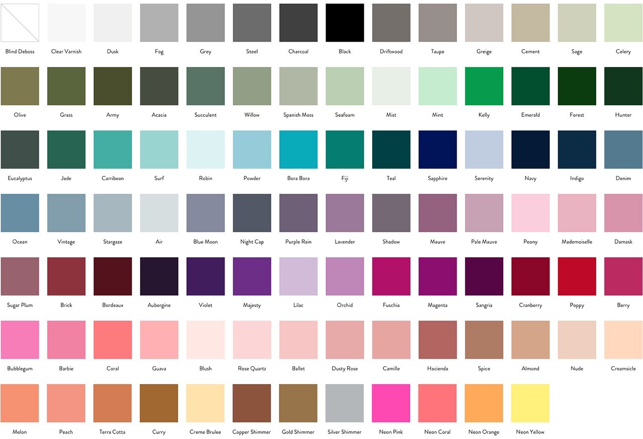 A color palette showing an array of options for letterpress ink colors