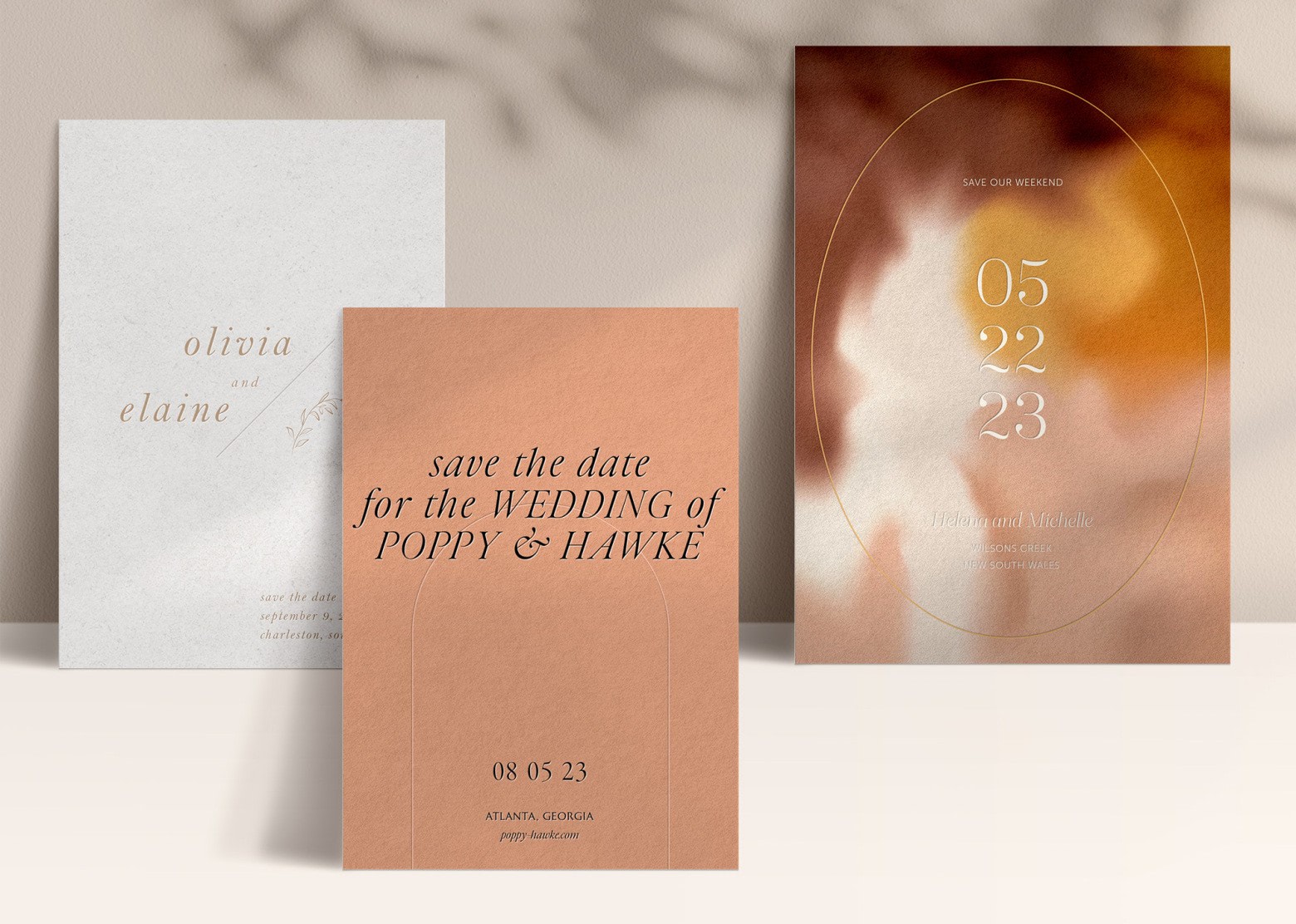 Three printed Save the Date ideas with neutral shades of orange, brown, pink and yellow